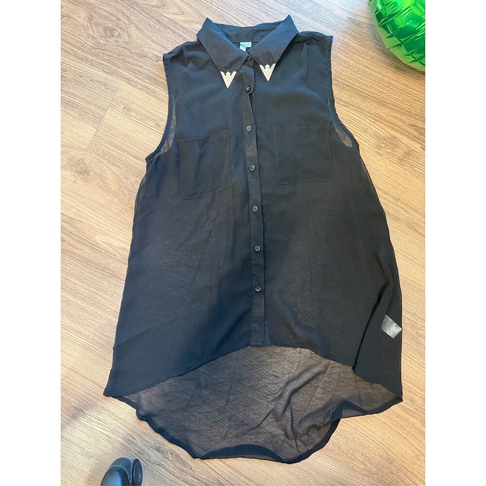 Mono B Black Sheer Sleeveless High Low Shirt Studded Collar Blouse Small